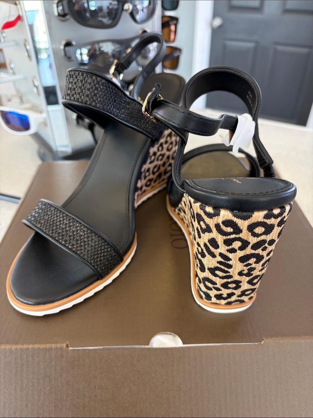 Linea Paolo Black Sandal with Leopard-Print Wedge